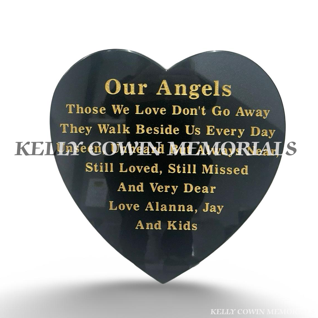 12 inch black granite heart memorial plaque with gold engraving in Dublin by Kelly Cowin Memorials