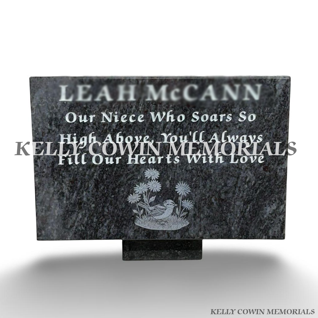 Custom Blue Lagoon grave plaque with silver inscription and laser engraved floral bird design