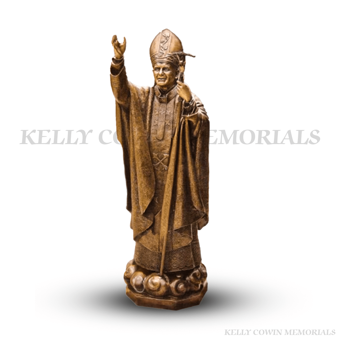 Bronze Pope Paul religious statue mounted on a headstone memorial