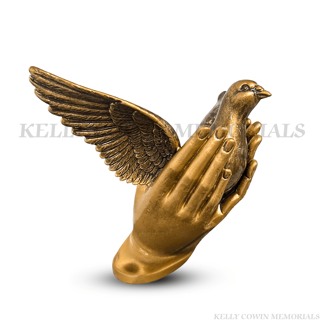 Bronze dove in hands memorial statue grave ornament for headstone in Ireland
