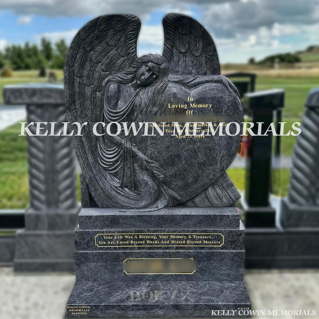 Front view of Blue Lagoon angel headstone with gold inscription on sub-base and plinth in Dardistown Cemetery Dublin