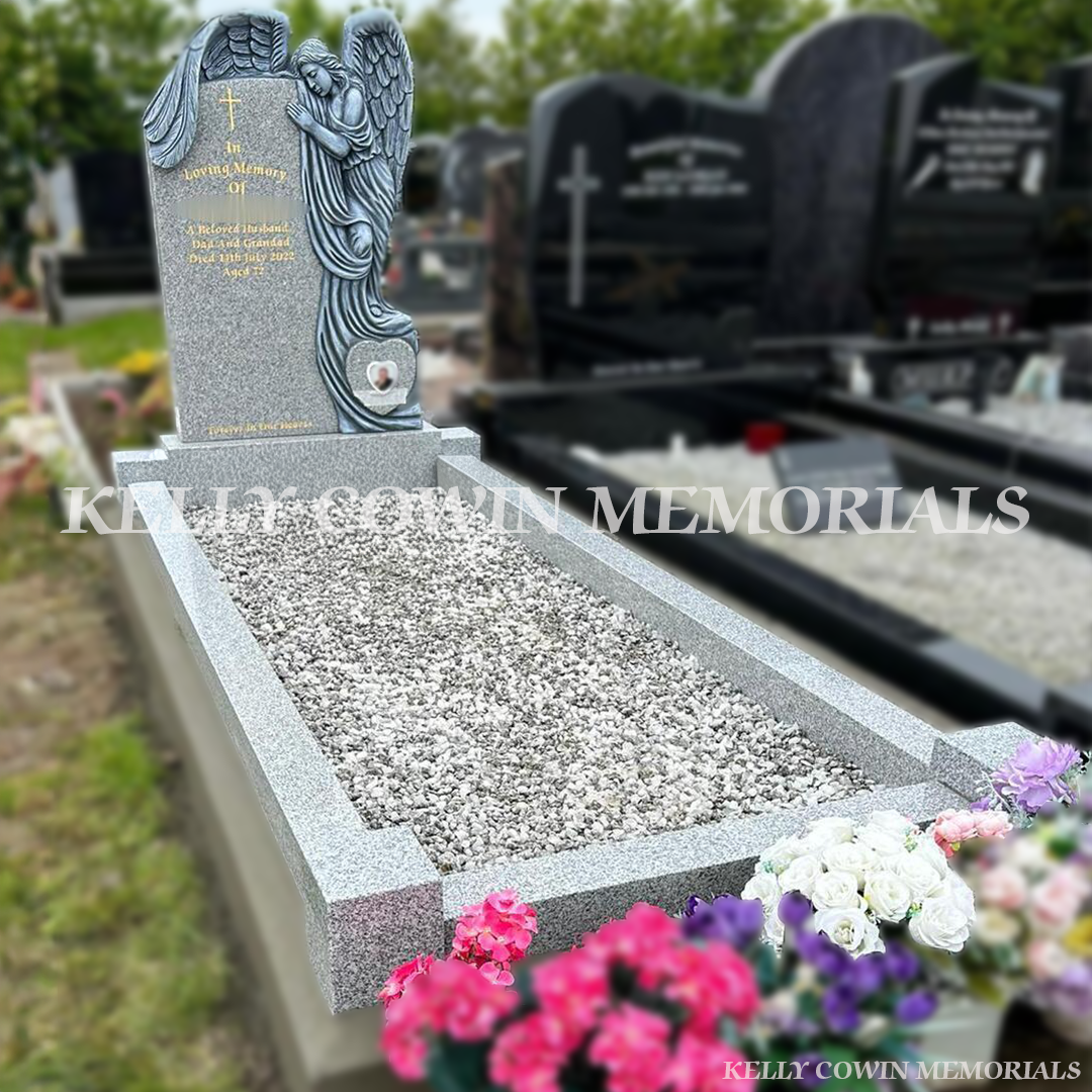 Grey granite antique carved Angel headstone erected in Fingal Cemetery Dublin by Kelly Cowin Memorials