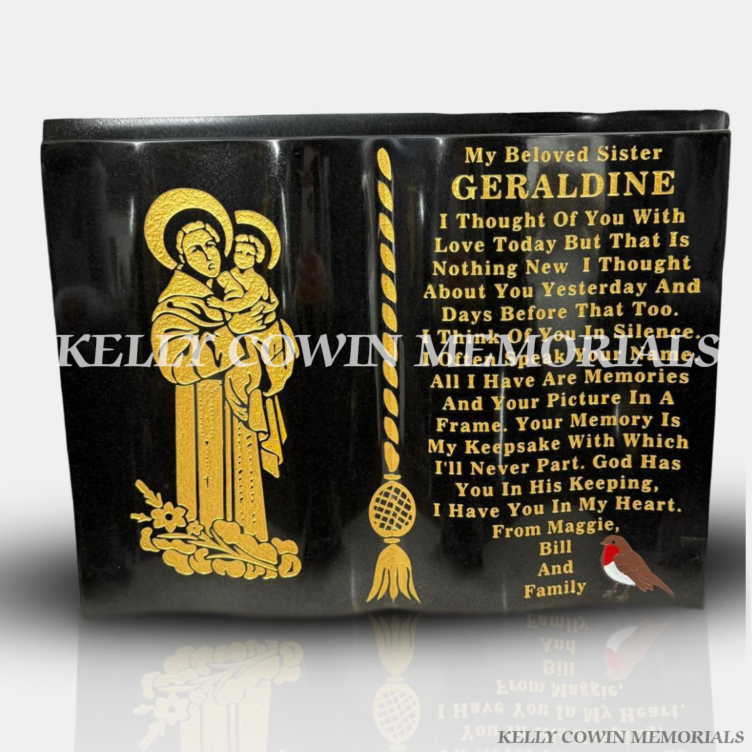 Black Granite Book Plaque with St. Anthony & Gold Lettering | Kelly Cowin Memorials Ireland
