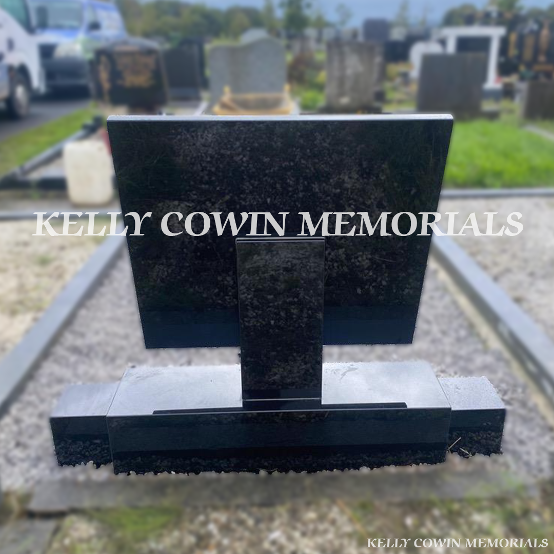 Back view of Black Granite book headstone highlighting Dublin headstone craftsmanship by Kelly Cowin Memorials