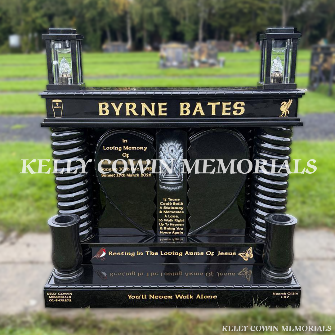 Black granite broken heart headstone with gold engraving, backing plate, twisted pillars, granite cap, two solar lanterns, two large matching vases and personalised laser image, erected in Newlands Cemetery, Dublin, by Kelly Cowin Memorials.