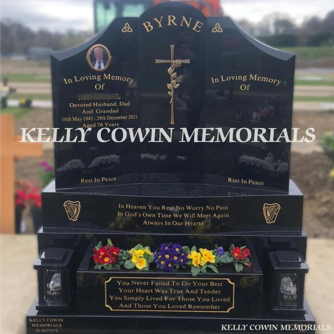 Front view of Black Granite Gates of Heaven headstone with flower box erected in Balgriffin Cemetery Dublin by Kelly Cowin Memorials
