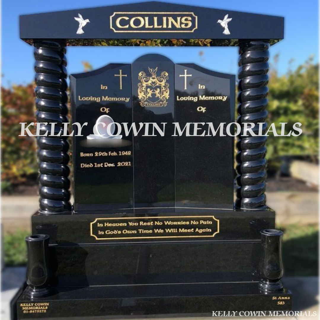 Front view of Black Granite Gates of Heaven headstone with twisted pillars and cap erected in Dublin by Kelly Cowin Memorials