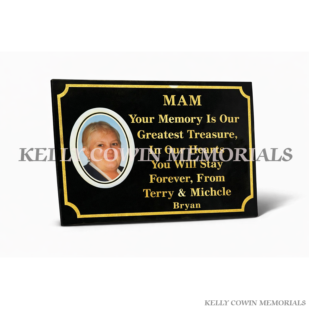 Black granite rectangular memorial plaque with 9x12cm oval ceramic photo in Ireland