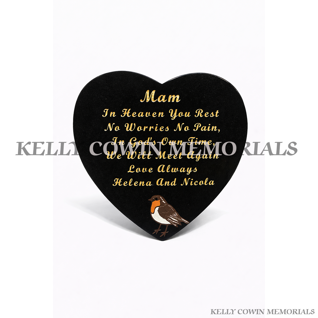 Black granite 12 inch heart shaped memorial plaque grave accessory with personalised engraving, available locally and nationwide in Ireland