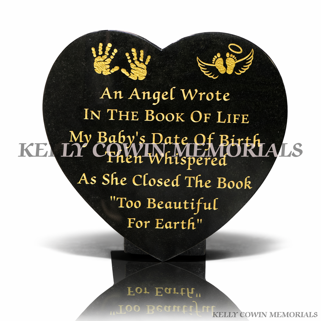 12 inch black granite heart shaped memorial plaque with gold lettering by Kelly Cowin Memorials Ireland
