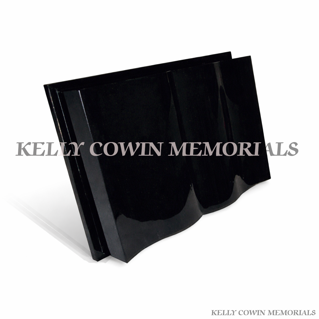 Black granite open book grave accessory memorial plaque with polished finish, available locally and nationwide in Ireland