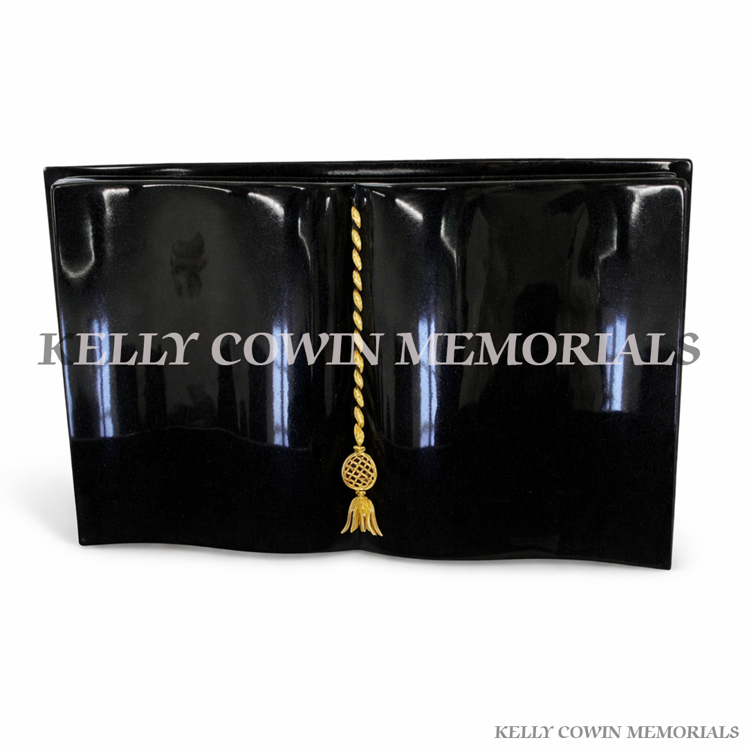 Black granite open book grave accessory memorial plaque with personalised engraving, available locally and nationwide in Ireland