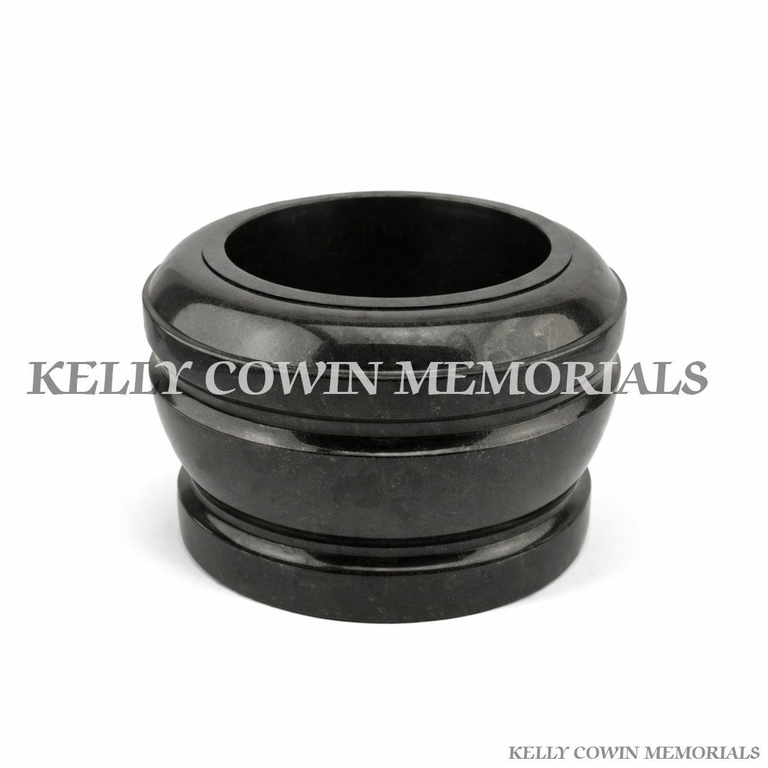 Black granite memorial bowl grave accessory with polished finish on white background – Ireland headstone flower bowl