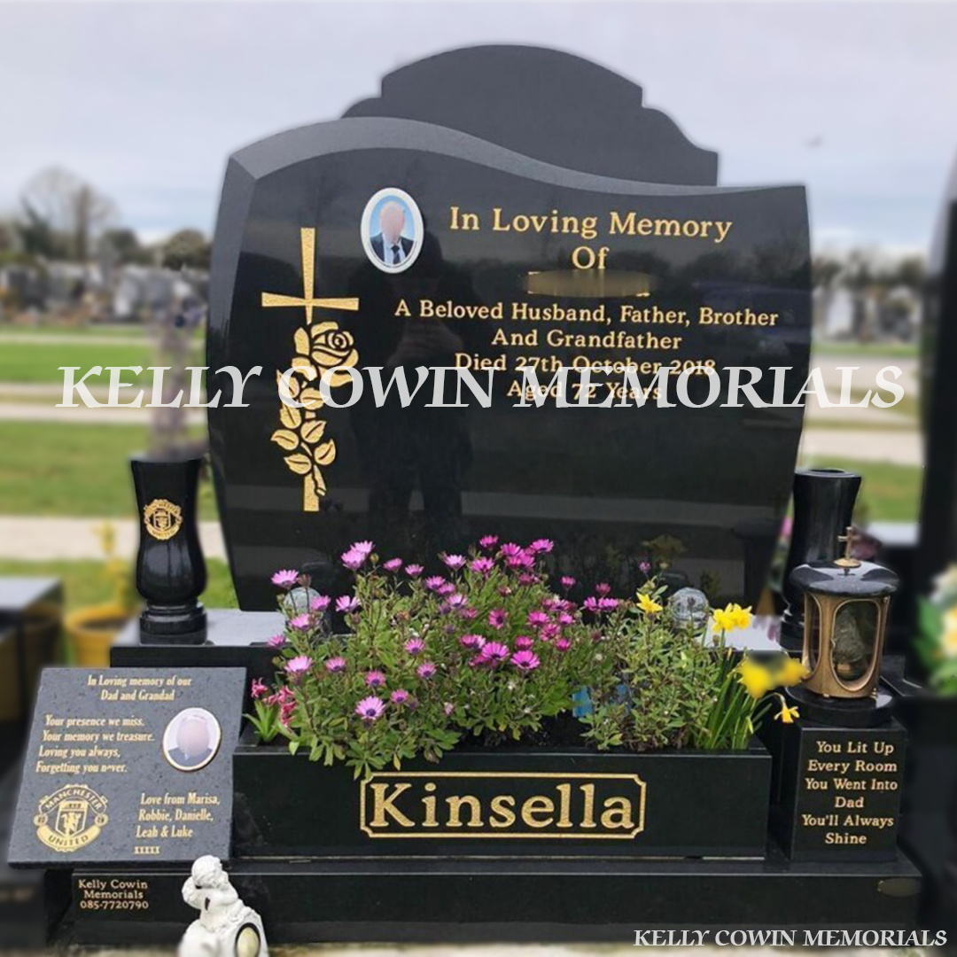 Front view of Black Granite C1 headstone with flower box and vases erected in Balgriffin Cemetery Dublin by Kelly Cowin Memorials