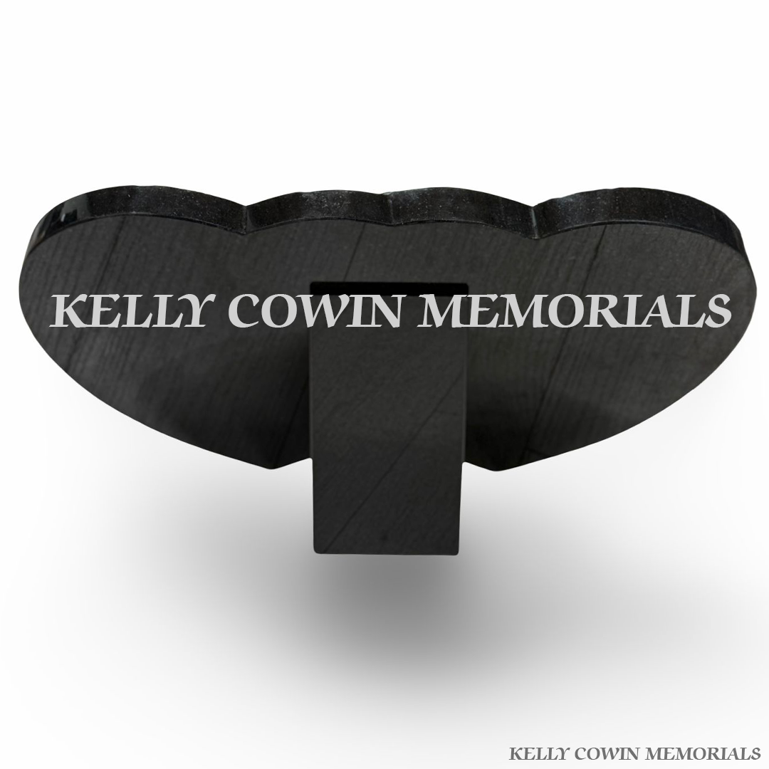 Back view of polished black granite double heart memorial plaque