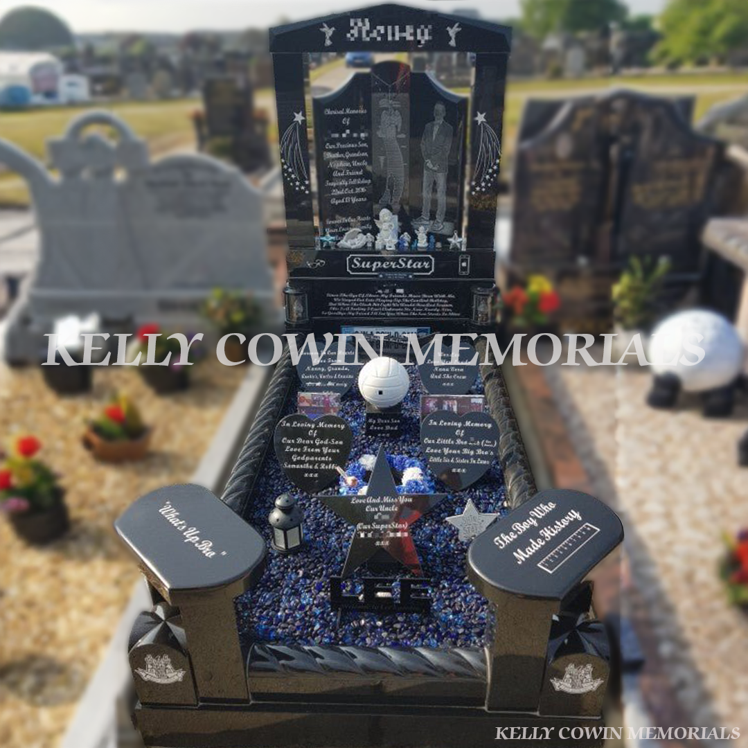 Black granite Gates of Heaven headstone with cap and pillars erected in Fingal Cemetery Dublin by Kelly Cowin Memorials