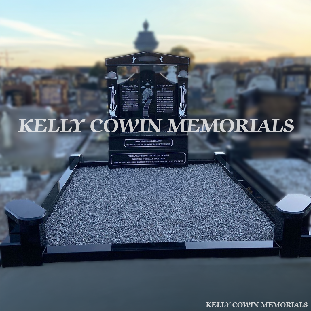 Front view of black granite Gates of Heaven headstone with white inscription and ceramic photos in Fingal Cemetery Dublin