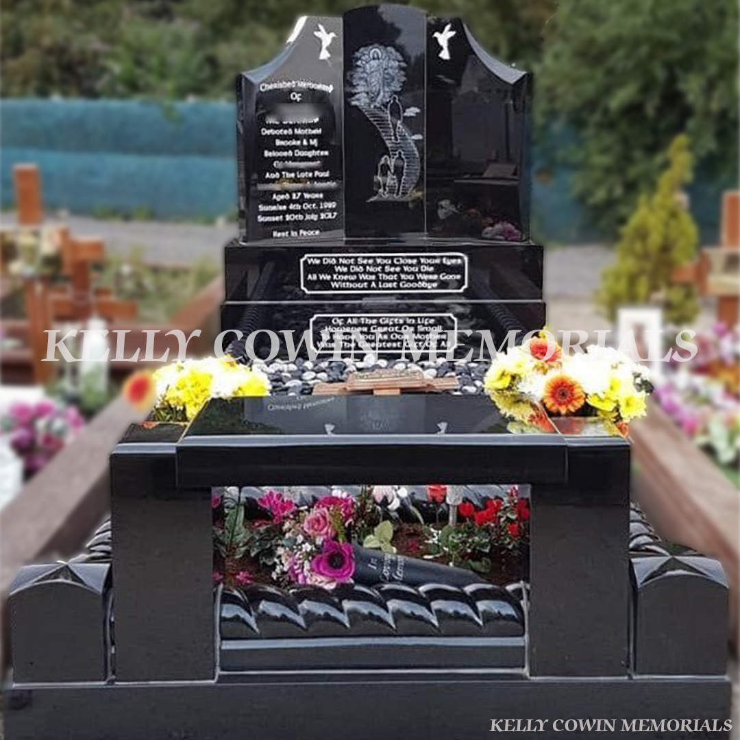 Black granite Gates of Heaven headstone with roped kerbing erected in Fingal Cemetery Dublin by Kelly Cowin Memorials
