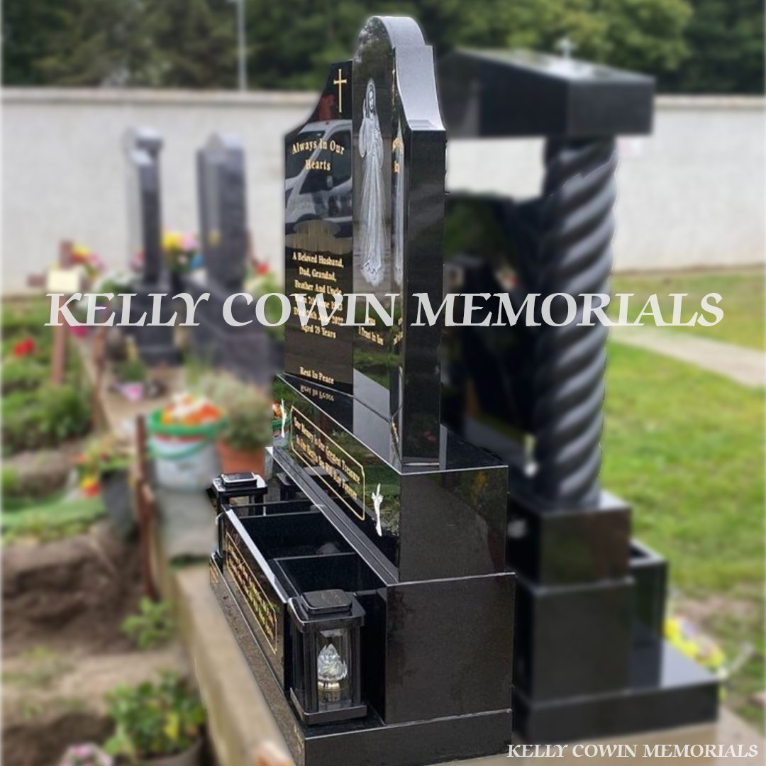 Front view of Black Granite Gates of Heaven headstone with centre laser image and lanterns in Balgriffin Cemetery Dublin by Kelly Cowin Memorials