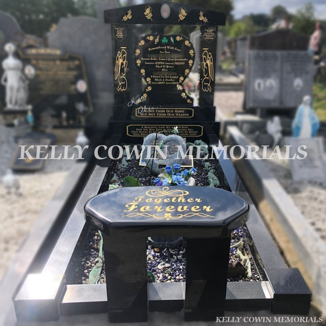 Black granite heart headstone with cap and pillars erected in Fingal Cemetery Dublin by Kelly Cowin Memorials