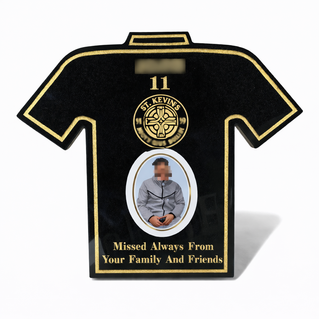 Black granite jersey memorial plaque with ceramic photo insert and gold lettering by Kelly Cowin Memorials Ireland