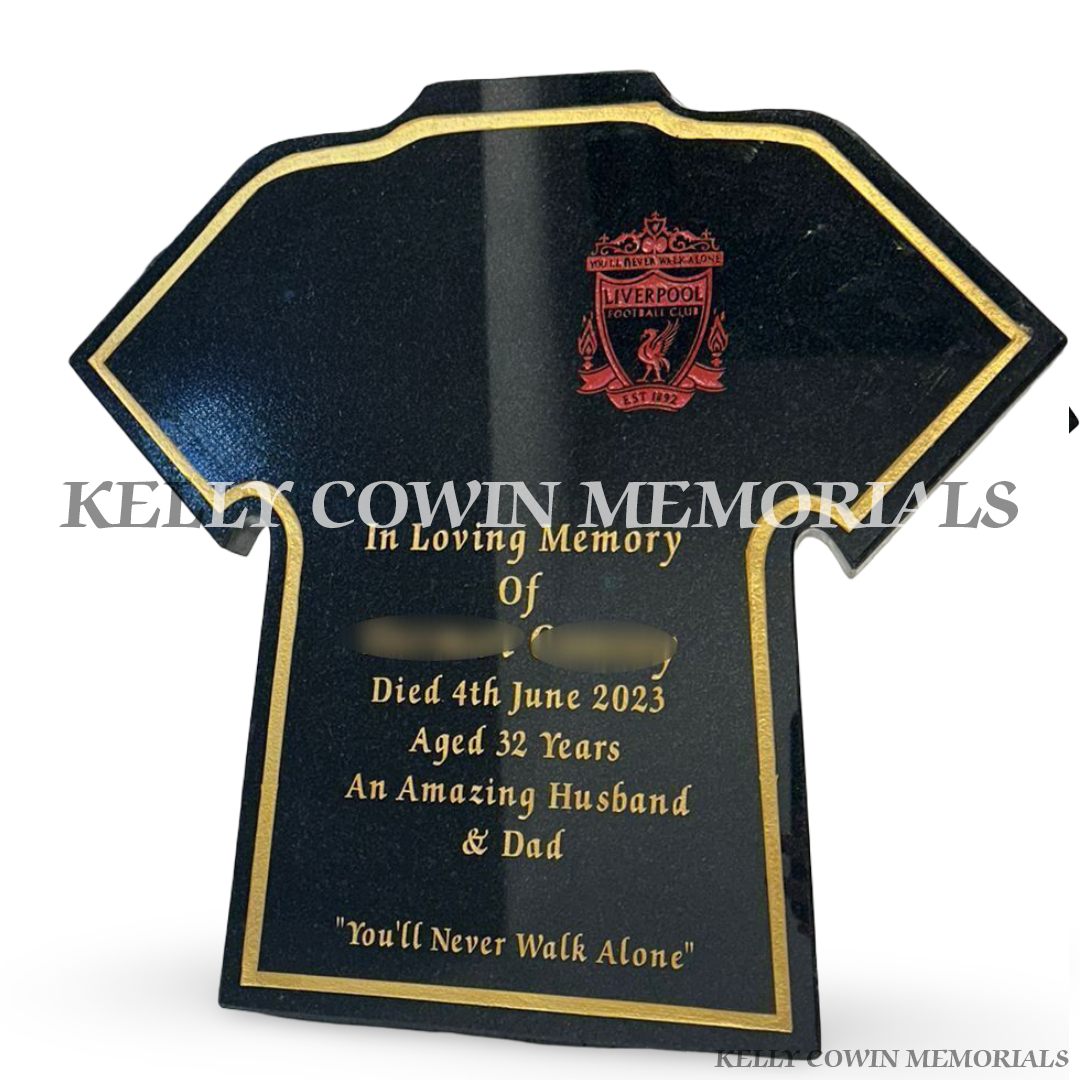 Black granite liverpool football jersey memorial plaque with gold inscription