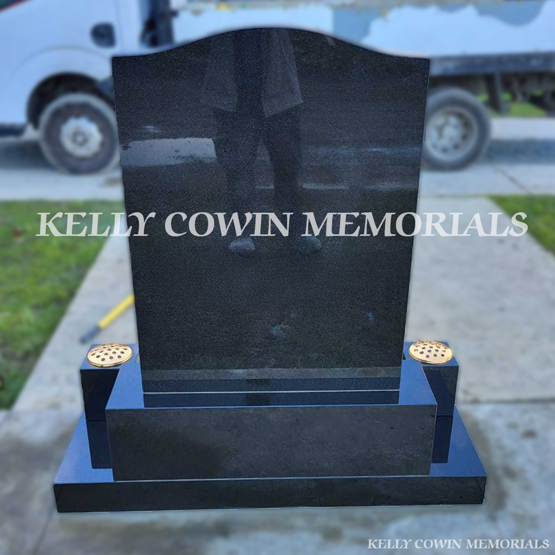 Rear view of black granite OG headstone with polished finish in Balgriffin Cemetery Dublin