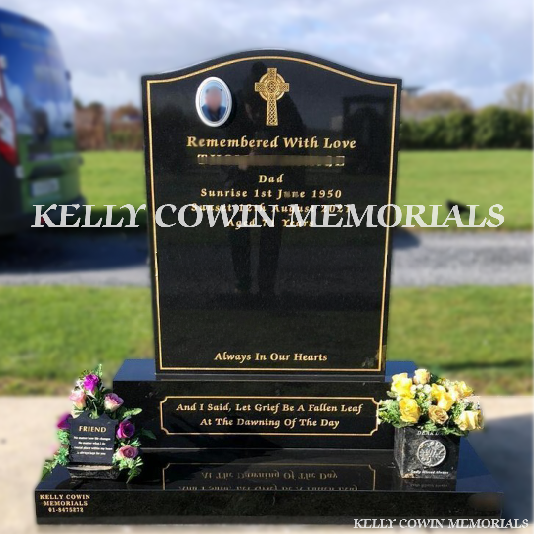 Front view of Black Granite OG headstone with ceramic photograph erected in Balgriffin Cemetery Dublin by Kelly Cowin Memorials