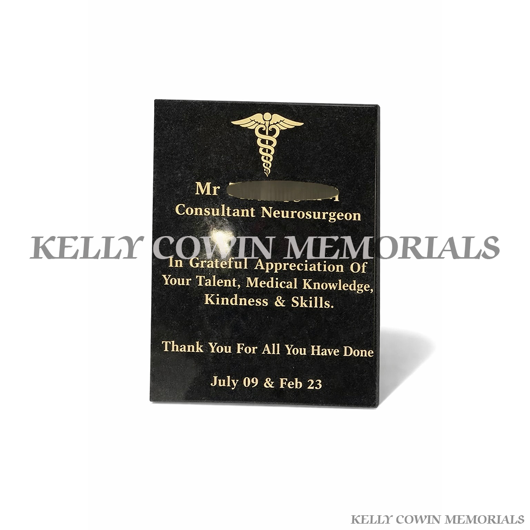 12 inch black granite memorial plaque with polished finish and personalised engraving in Ireland