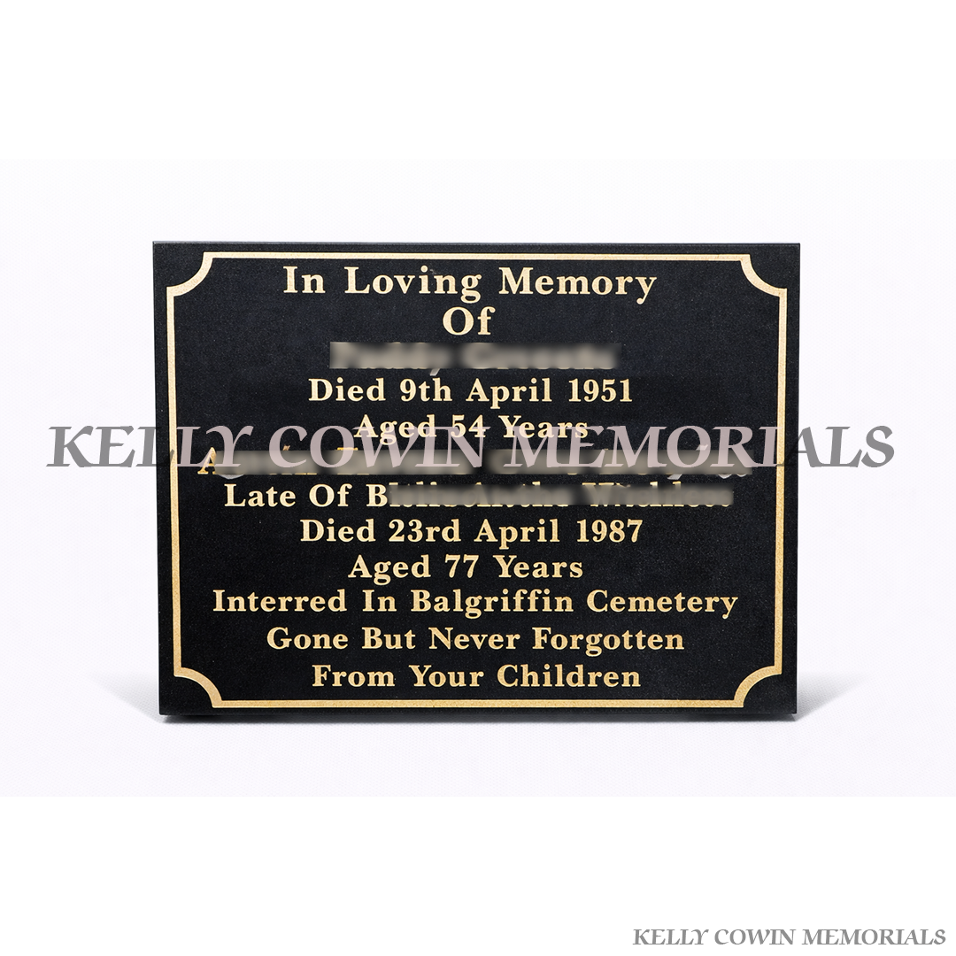 Black granite memorial plaque with gold inscription grave accessory, available locally and nationwide across Ireland
