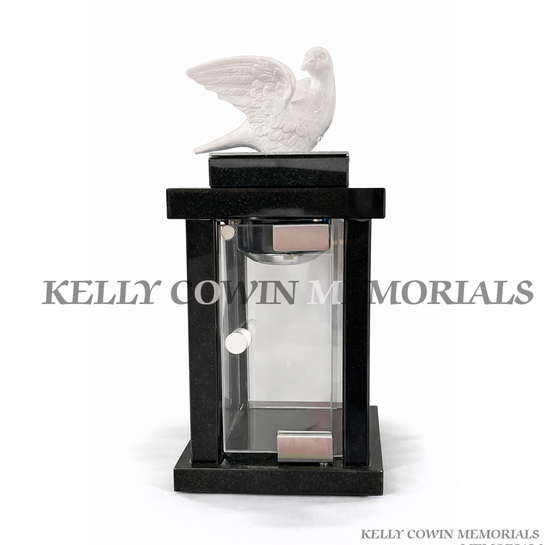 Black Granite Solar Memorial Lantern with White Dove | Kelly Cowin Memorials Ireland