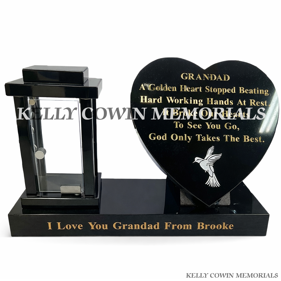 Front view of black granite solar lantern with 12 inch heart and gold inscription