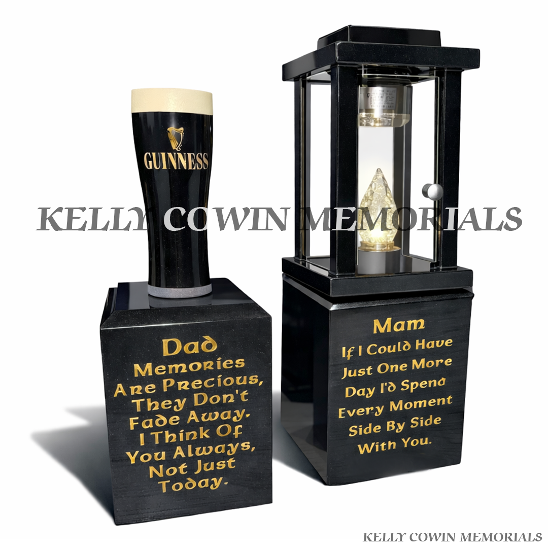Front view of black granite solar lantern and Guinness pint memorial blocks