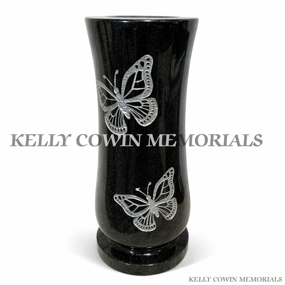 Polished black granite butterfly memorial vase with engraved butterfly design for grave flowers