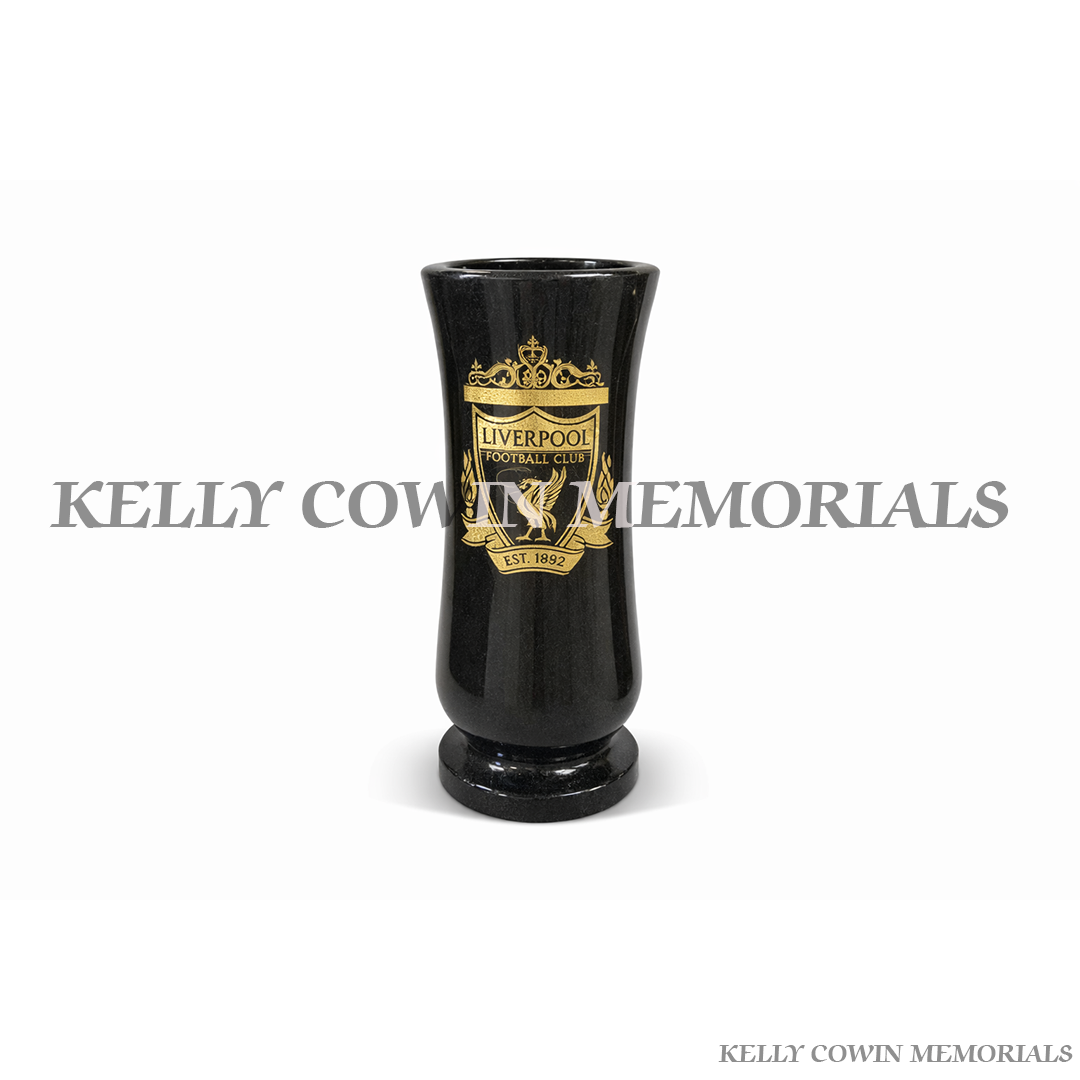 Black granite Liverpool football memorial vase with engraved crest for grave flowers in Ireland