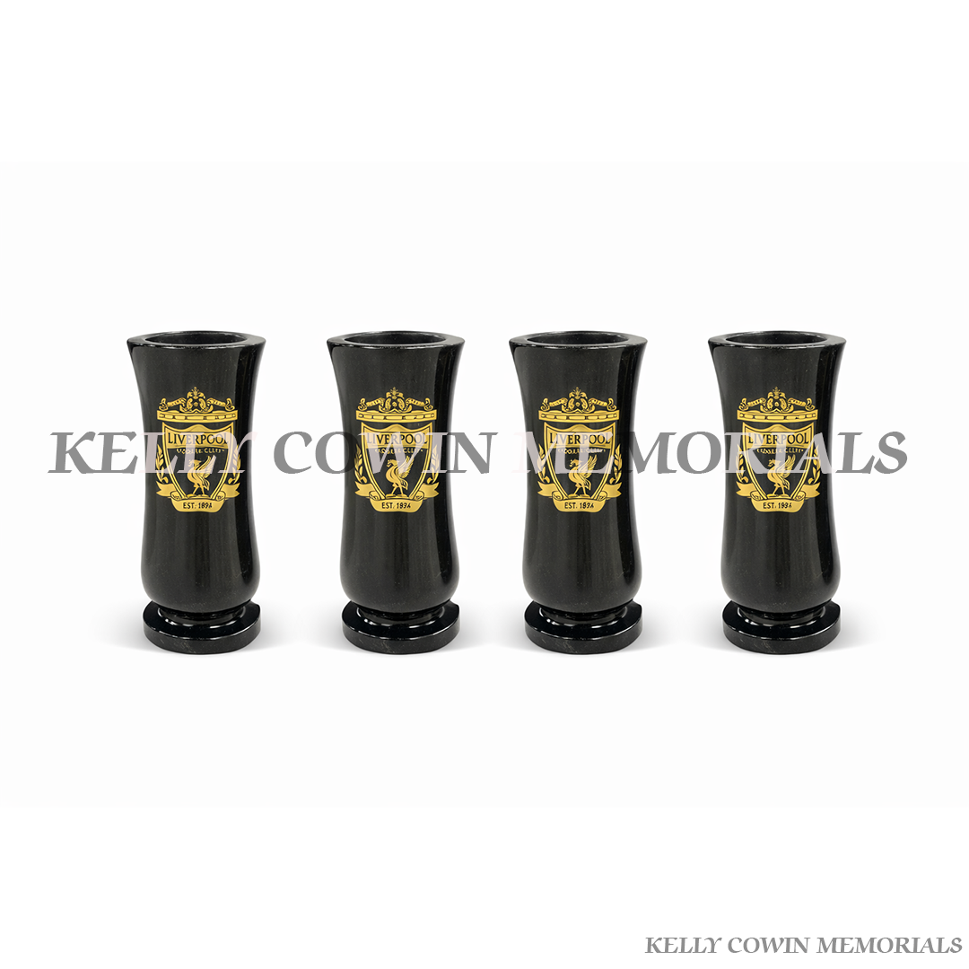 Black granite Liverpool football memorial vase with gold crest for grave flowers – Kelly Cowin Memorials Dublin Ireland