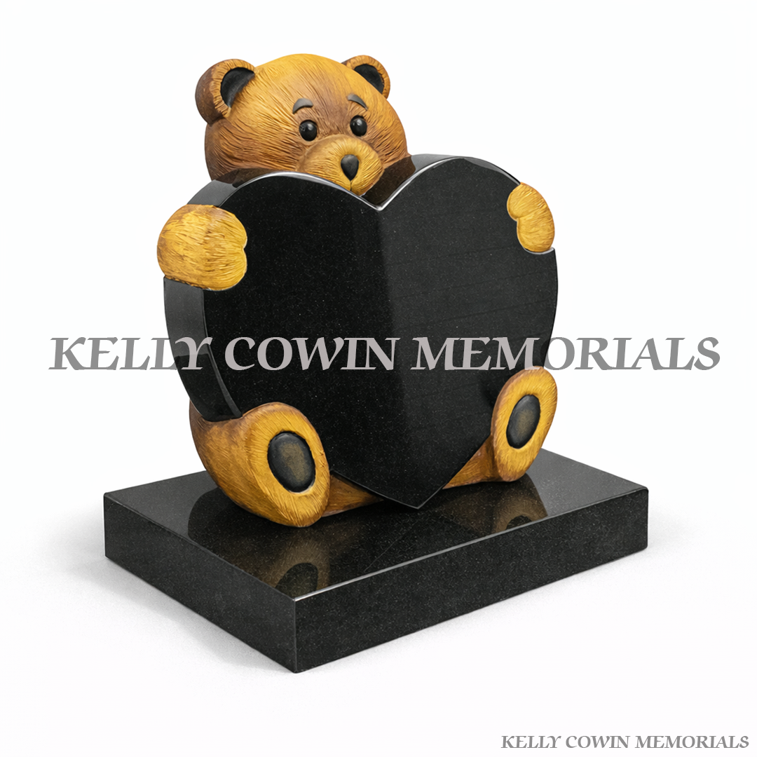 Black granite teddy bear holding heart children’s memorial grave ornament Ireland
