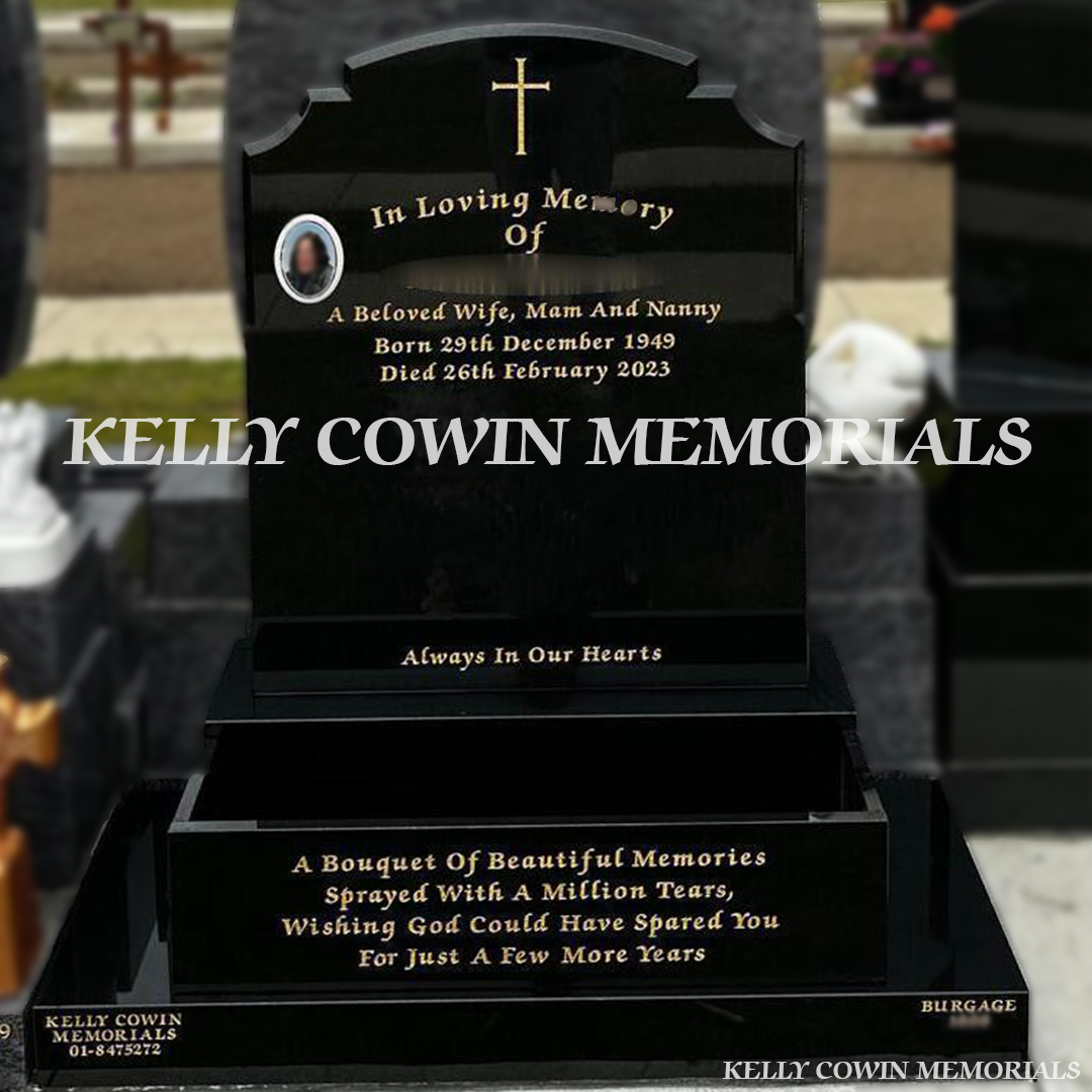 Front view of Black Granite Top Nine headstone on base and plinth in Balgriffin Cemetery Dublin