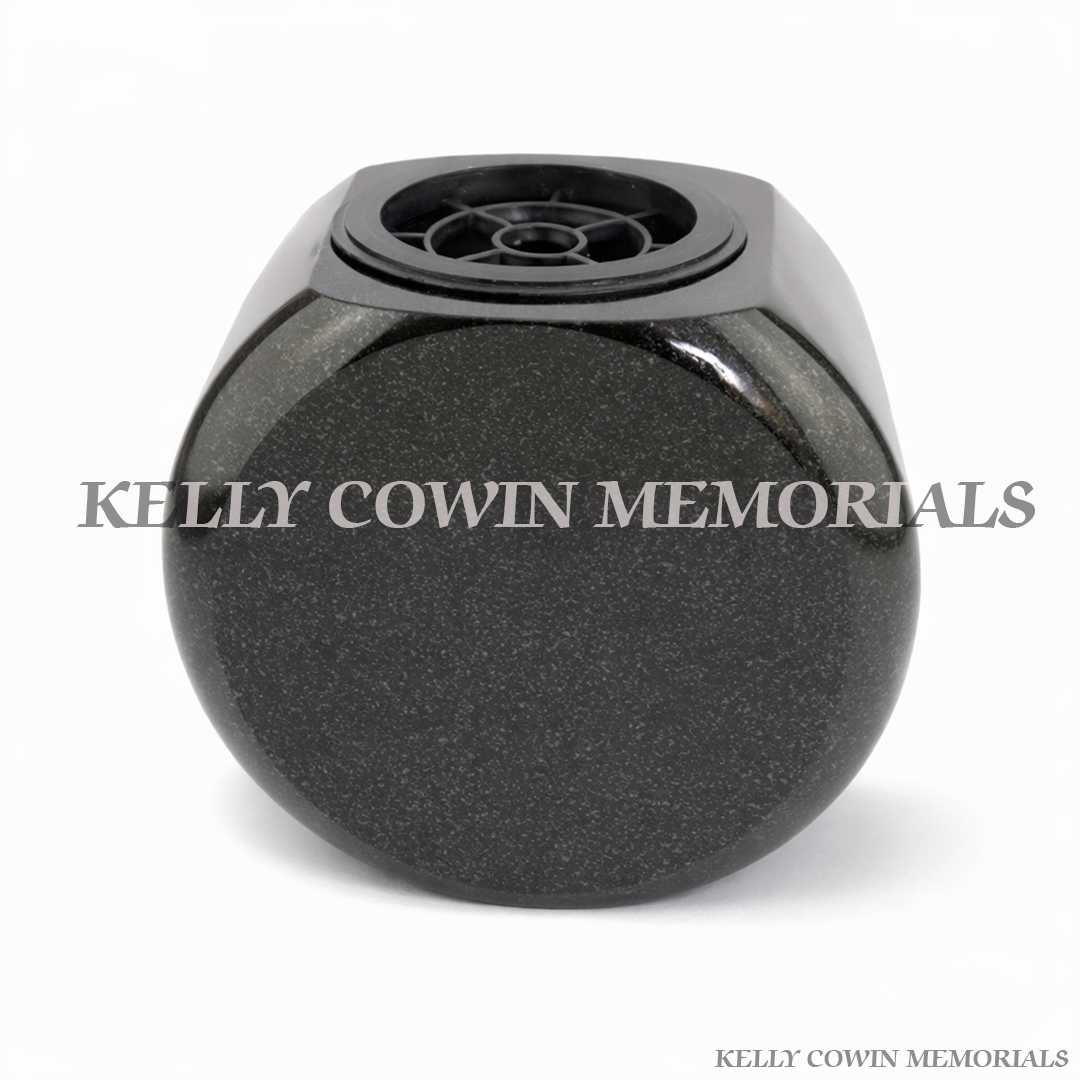 Black shaped polished granite memorial vase with flower holder insert for grave or headstone memorial in Ireland