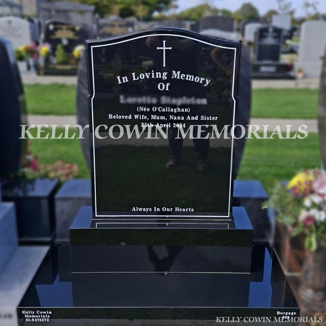 Black Granite OG headstone on base and plinth with silver inscription installed in Balgriffin Cemetery. Serving Dublin and families nationwide across Ireland