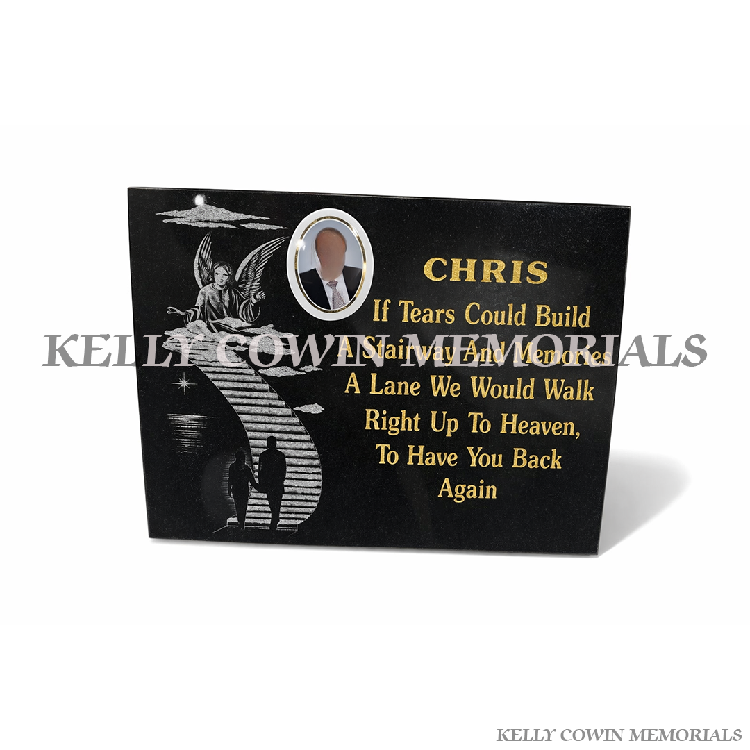 Black Granite Laser image Memorial Plaque | Kelly Cowin Memorials Ireland