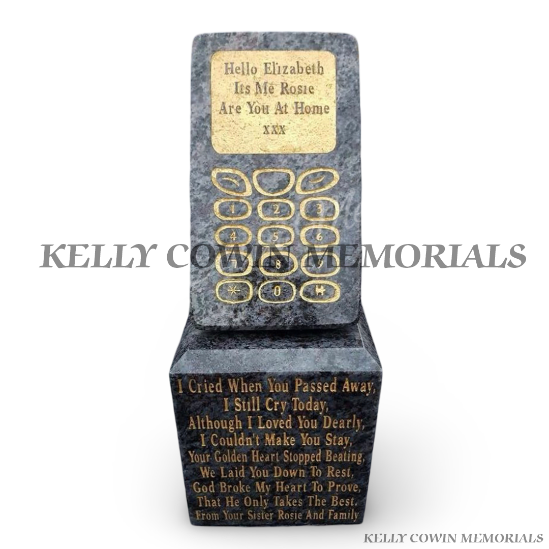 Blue Lagoon granite retro phone memorial plaque with gold lettering