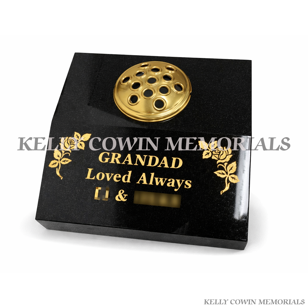 Black granite sloped memorial vase with gold rose engraving and gold flower holder lid personalised in Ireland