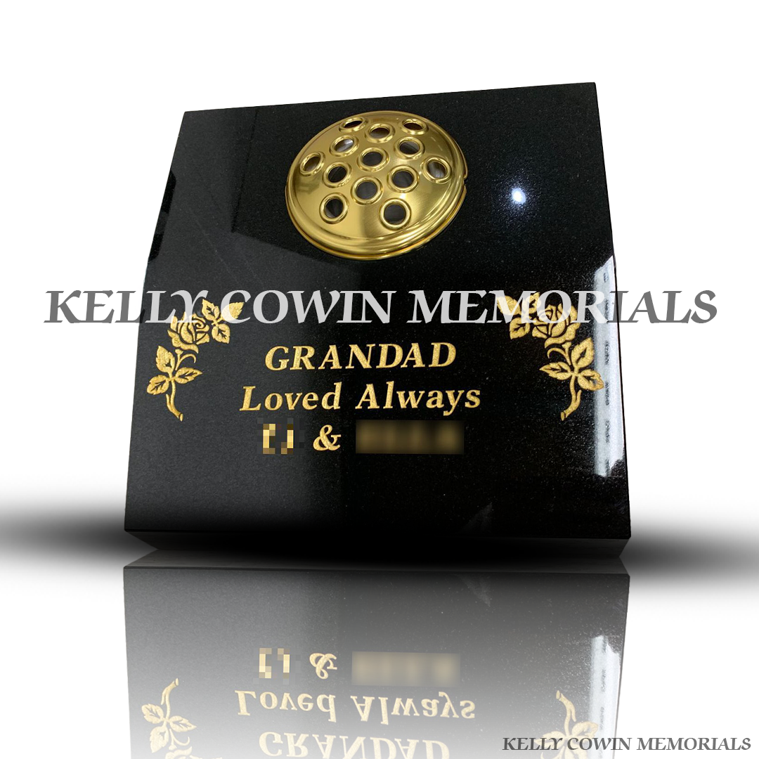 Front view of Black Granite sloped memorial vase with gold inscription