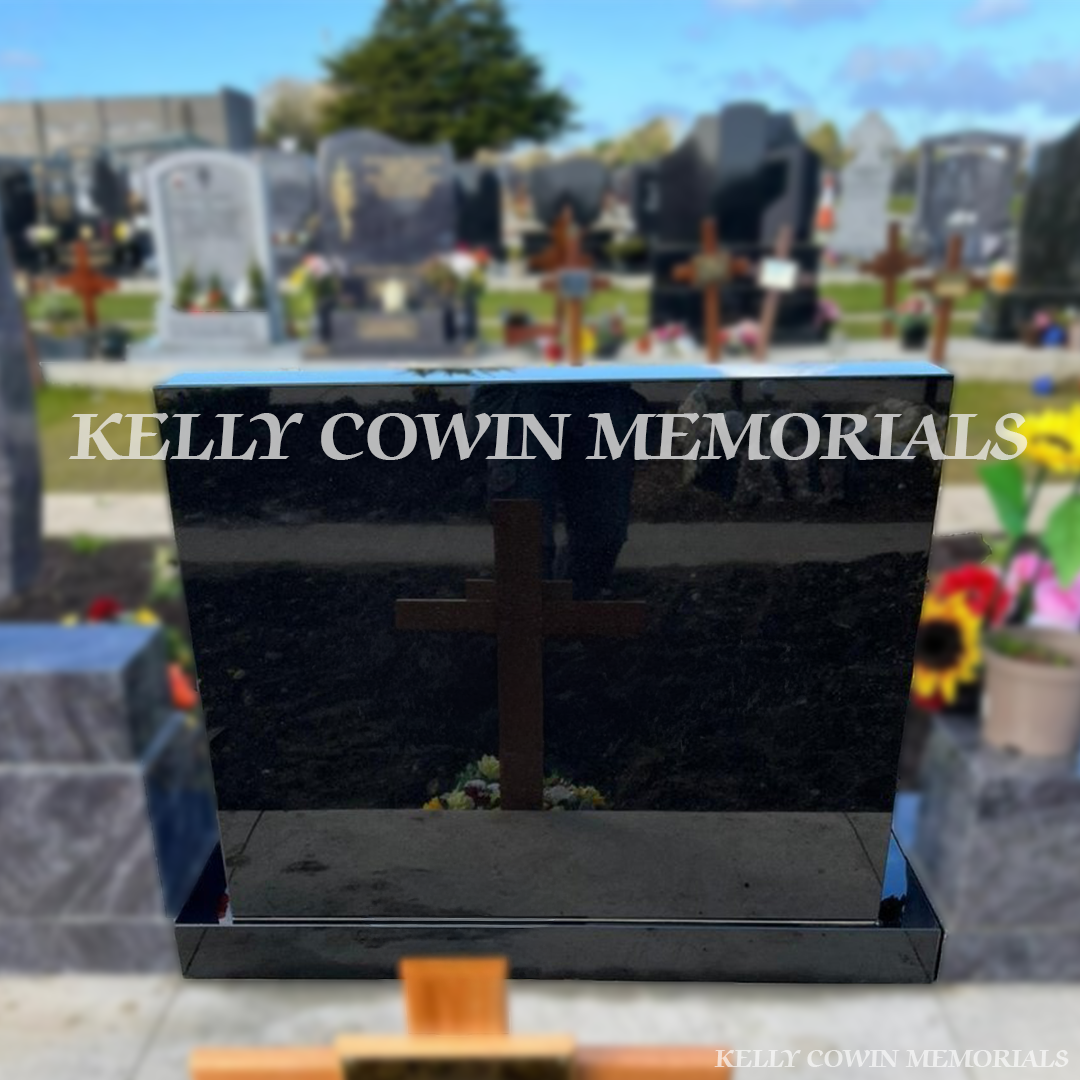 Rear view of black granite headstone with polished finish in Balgriffin Cemetery Dublin