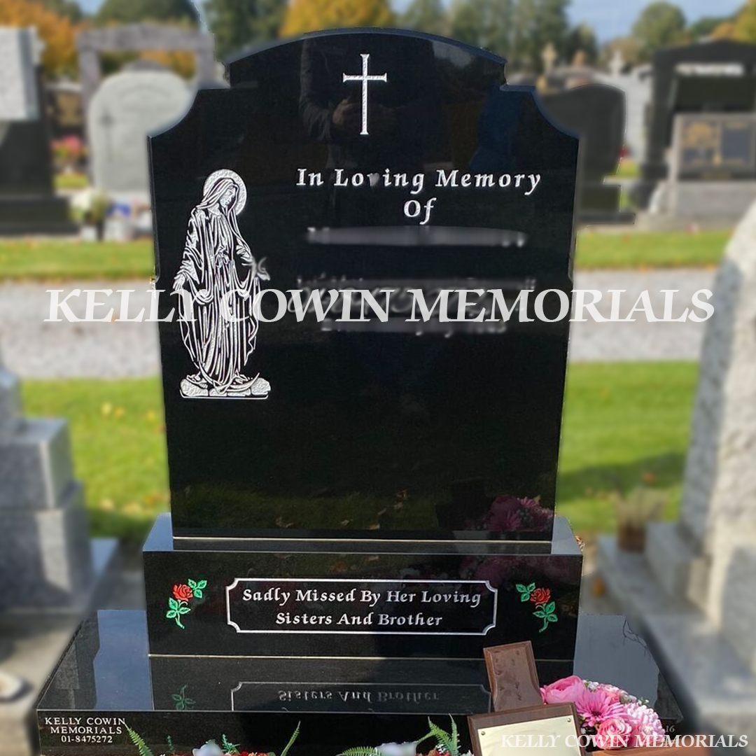 Front view of Black Granite Top Nine headstone on base and plinth in Balgriffin Cemetery Dublin