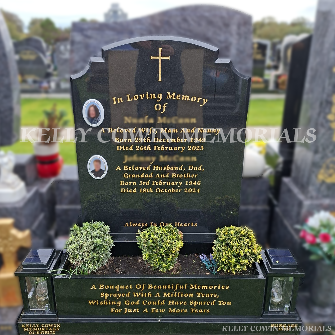 Black granite Top Nine headstone with gold leaf inscription, flowerbox, ceramic photos and solar lanterns installed in Balgriffin Cemetery by Kelly Cowin Memorials