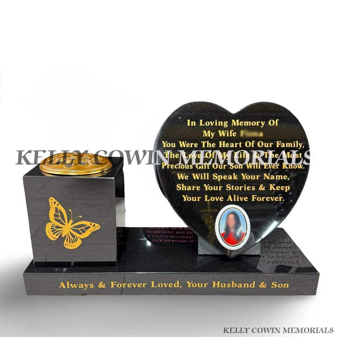Black granite heart memorial on plinth with square flower vase, ceramic memorial photo and personalised gold inscription by Kelly Cowin Memorials.
