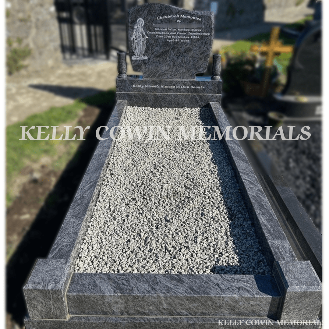Blue Lagoon (grey) C1 headstone and kerbing with decorative chippings
installed in Baldongan Cemetery, Dublin by Kelly Cowin Memorials