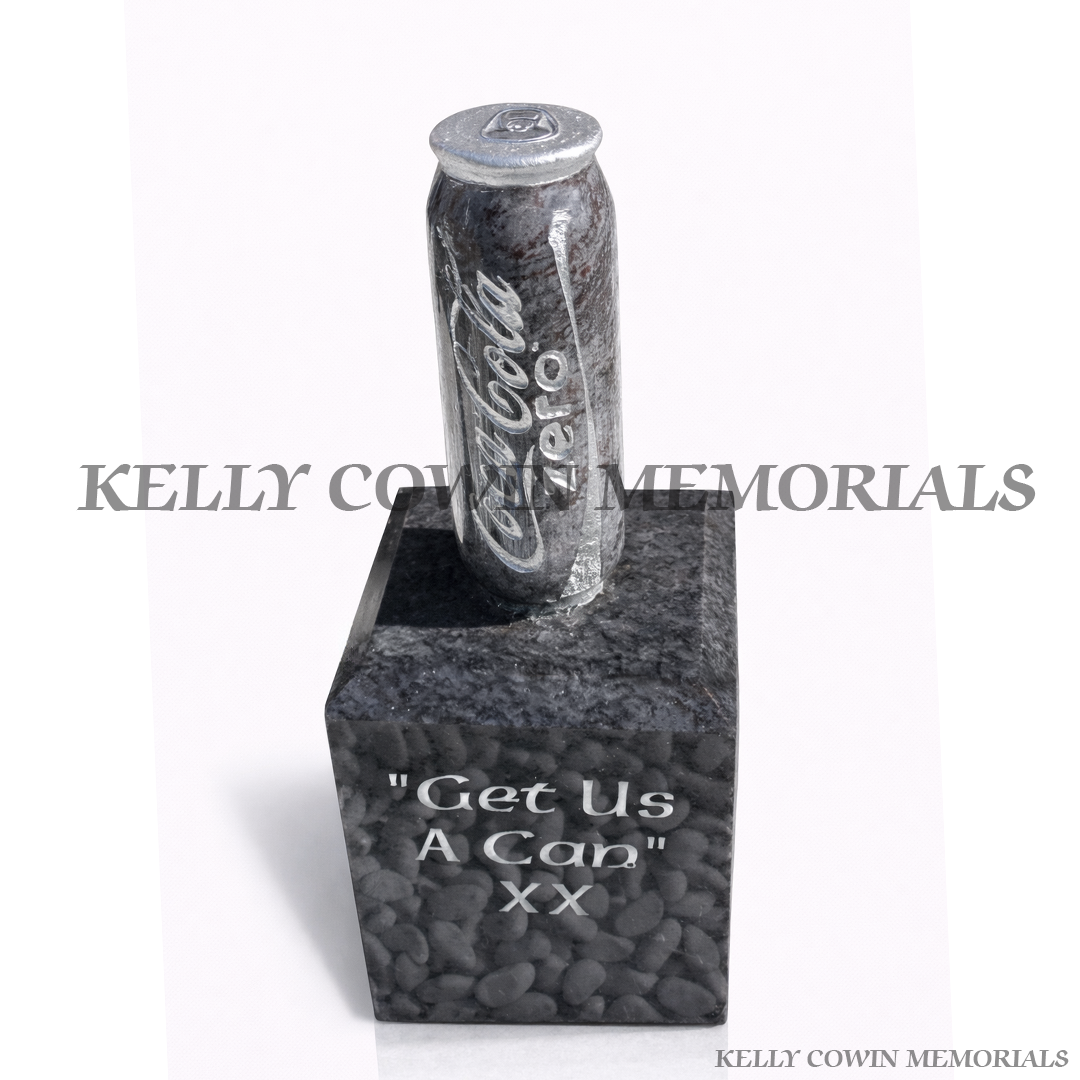 Granite can of Coke memorial ornament on granite base with personalised engraving by Kelly Cowin Memorials